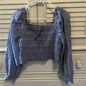 American Eagle Blue Smocked Tie Front Blouse